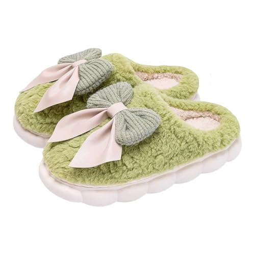 Damen-Hausschuhe mit Schleife, grobe Damenpantoffeln, schöne Mädchen-Herz-Slider, Schlupfschuhe, Memory-Schaum, geschlossene Zehen, rutschfeste, warme Plüsch-Slider, dicke Sohle, Winter-Slipper, grün von Generisch