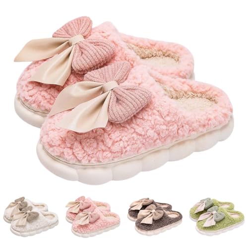 Damen-Hausschuhe mit Schleife, klobige Hausschuhe, schöne Mädchen-Herz-Slider, Schlupfschuhe, Memory-Schaum, geschlossene Zehen, rutschfest, für den Innenbereich, warme Plüsch-Slides, dicke Sohle von Generisch