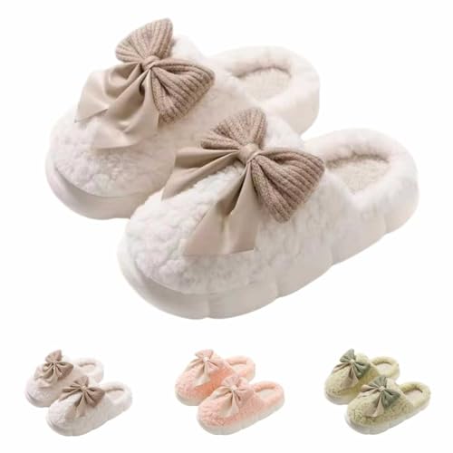 Damen-Hausschuhe mit flauschiger Schleife, Winter, elegante, gemütliche Plüsch-Hausschuhe mit Kunstfell-Innenfutter, Geschenk für Frauen Damenschuhe Stiefeletten Schwarz Keilabsatz (White, 40-41) von Generisch
