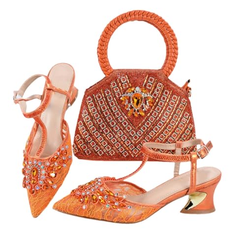 Damen-Hausschuhe und Tasche, spitzer Zehenbereich, italienischer Stil, Kristalle, Dekoration, Partyzubehör, Orange, 43 EU von Generisch