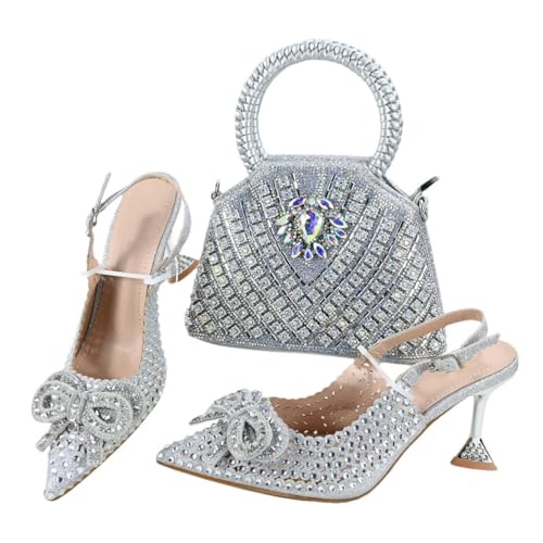 Damen-Hausschuhe und Tasche, spitzer Zehenbereich, italienischer Stil, Kristalle, Dekoration, Partyzubehör, silber, 43 EU Damen-Hausschuhe und Tasche, spitzer Zehenbereich, italienischer Stil, Kristalle, Dekoration, Partyzubehör, silber, 43 EU von Generisch