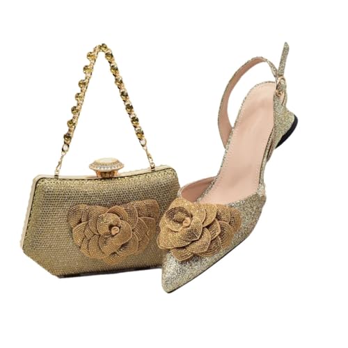 Damen Heel Party Damen Italienisches Design Schuhe und Tasche Set verziert mit Strass Handtasche Hochzeit Party, Gold für Set, 40.5 EU von Generisch