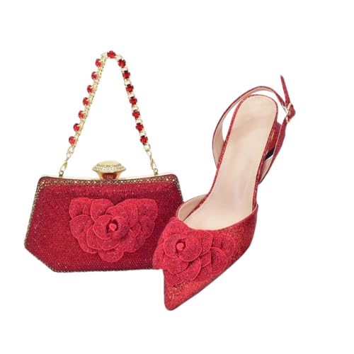 Damen Heel Party Damen Italienisches Design Schuhe und Tasche Set verziert mit Strass Handtasche Hochzeit Party, Rot für Set, 42 EU von Generisch