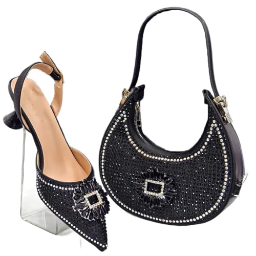Damen Heels Handtaschen Set Italienischer Stil mit Strass für Hochzeit Schwarz von Generisch