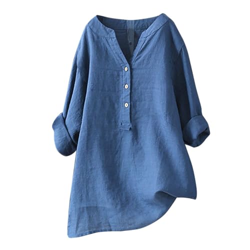 Damen Hemd Bluse Locker V-Ausschnitt Knopfleiste Baumwolle Leinen Lässig Lockere Passform Elegant Oberteil Langarm Casual Shirt Einfarbig Ärmelkragen Mode Damenhemd von Generisch