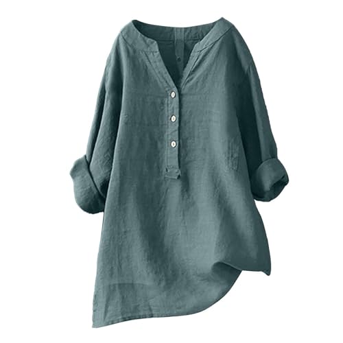 Damen Hemd Bluse Locker V-Ausschnitt Knopfleiste Baumwolle Leinen Lässig Lockere Passform Elegant Oberteil Langarm Casual Shirt Einfarbig Ärmelkragen Mode Damenhemd von Generisch