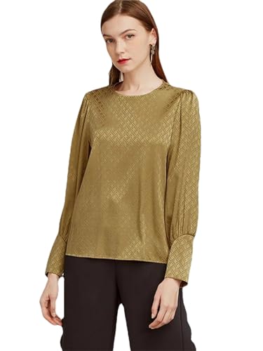 Damen-Hemd mit O-Ausschnitt, kariert, langärmelig, Büro, Dame, Knopfleiste, Blusen, Herbst, Frühling, Mustard En8, Large von Generisch