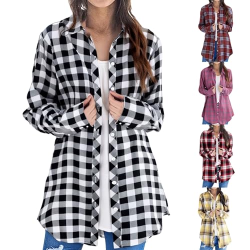 Damen Hemdjacke Karierte Jacke Loose Fit Übergangsjacke Langarm Shacket Leicht Atmungsaktiv Hemdbluse mit Knöpfen Sommerjacke Lässige Dünne Jacke Weich Bequeme Sommerjacke Revers Sweatjacke von Generisch
