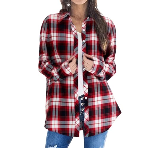 Damen Hemdjacke Karierte Jacke Loose Fit Übergangsjacke Langarm Shacket Leicht Atmungsaktiv Hemdbluse mit Knöpfen Sommerjacke Lässige Dünne Jacke Weich Bequeme Sommerjacke Revers Sweatjacke von Generisch