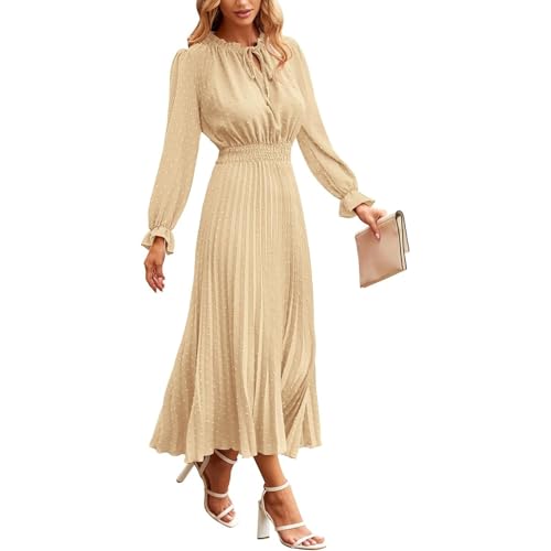 Damen Herbst Kleider Langarm V-Ausschnitt Schweizer Punkte Maxikleid Boho Langes Kleid Hohe Taille A-Linie Rüschen Kleid Einfarbig Wickelkleid Elegant Freizeitkleider 4#Beige L von Generisch