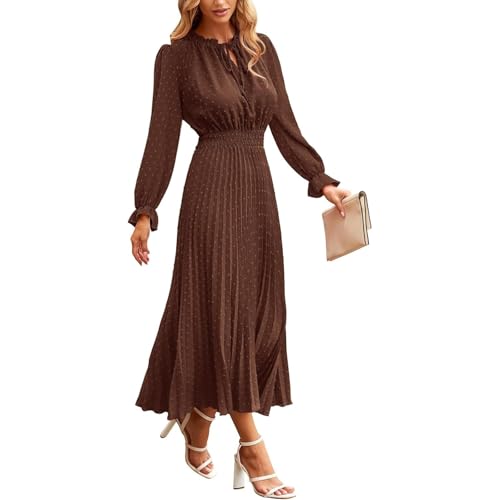 Damen Herbst Kleider Langarm V-Ausschnitt Schweizer Punkte Maxikleid Boho Langes Kleid Hohe Taille A-Linie Rüschen Kleid Einfarbig Wickelkleid Elegant Freizeitkleider 4#Braun M von Generisch