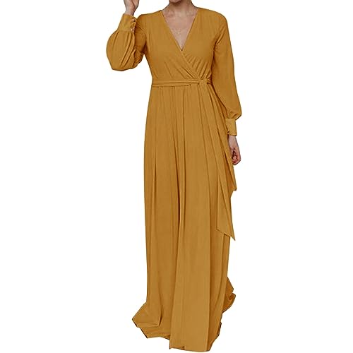 Damen Herbst Langarm Einfarbig V-Ausschnitt Abendkleid mit Gürtel Spitzenkleid Langarm, gelb, Medium Damen Herbst Langarm Einfarbig V-Ausschnitt Abendkleid mit Gürtel Spitzenkleid Langarm, gelb, Medium von Generisch