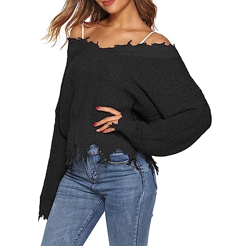 Damen Herbst Warm Pullover Tiefer V Verdickte Gewebte Bluse Unregelmäßige Fransen Lose Pullover Sweater Lady Cardigan Pullover für Frauen, Schwarz , M von Generisch