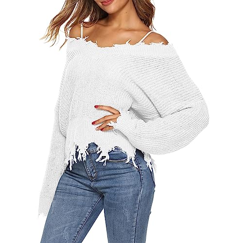 Damen Herbst Warm Pullover Tiefer V Verdickte Gewebte Bluse Unregelmäßige Fransen Lose Pullover Sweater Lady Cardigan Pullover für Frauen, weiß, M von Generisch