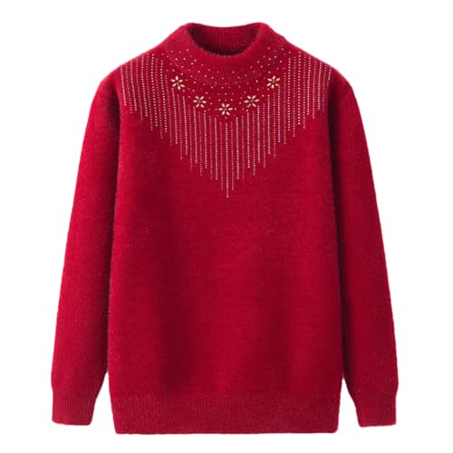 Damen Herbst Winter Hoher Kragen Strickpullover Oma Dicker Pullover Bottom Warm Mutter Tops, weinrot, XXL von Generisch