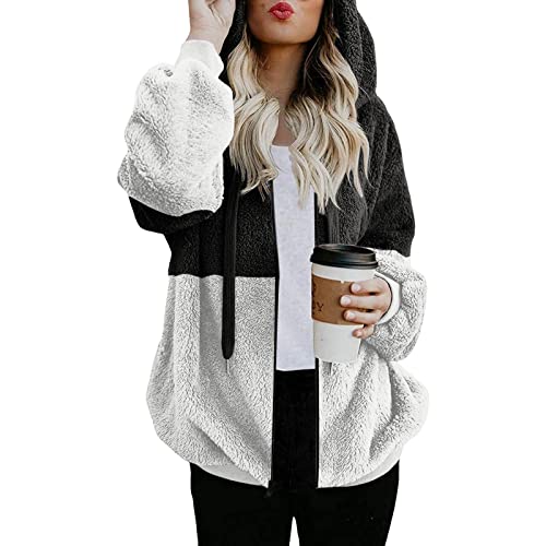 Damen Herbst Winter Kapuzenpullover Hoodie Pullover Teddy Fleece Warm Gefüttert Mantel Oversize 1/4 Reißverschluss Langarm Pulli mit Kapuze Sherpa Patchwork Plüschjacke Sweatshirt Lose Fleecepullover von Generisch