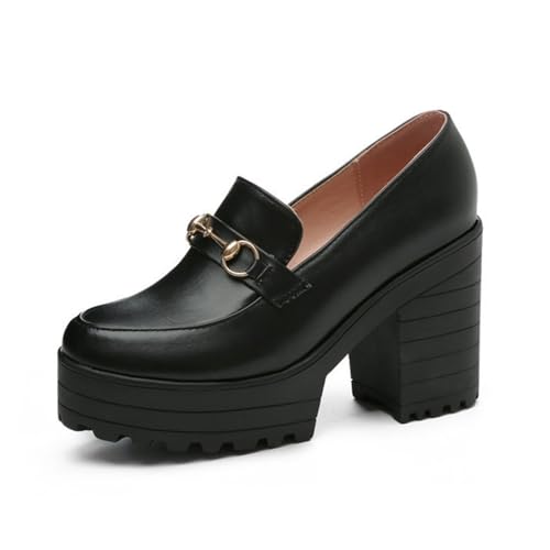 Damen High Chunky Heel Plateau Loafers Pumps Slip On Klassische Stollensohle Bequeme Versation Schuhe, Schwarz , 40.5 EU von Generisch
