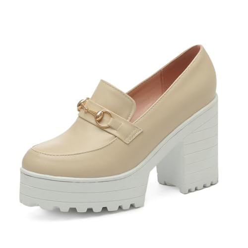 Damen High Chunky Heel Plateau Loafers Pumps Slip On Klassische Stollensohle Bequeme Versation Schuhe, aprikose, 40.5 EU von Generisch