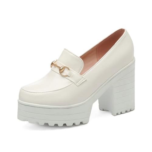 Damen High Chunky Heel Plateau Loafers Pumps Slip On Klassische Stollensohle Bequeme Versation Schuhe, weiß, 38 EU von Generisch
