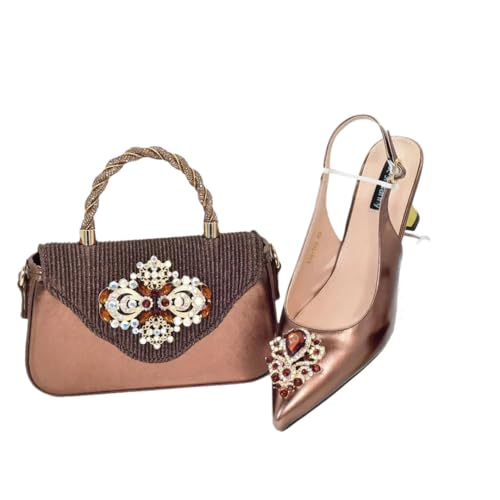 Damen High Heels Sandalen mit Tasche Set mit Strass passende Tasche und Schuhe Hochzeit, Coffee for Set, 40.5 EU von Generisch