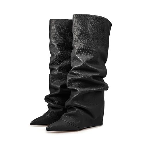 Damen High Heels Stiefel Spitze Langschaftstiefel mit Blockabsatz Boots Herbst Winter Bequeme Stiefel Winterstiefel Absatz Hohe Schuhe Schlupfstiefel Casual Kniehohe Boots von Generisch