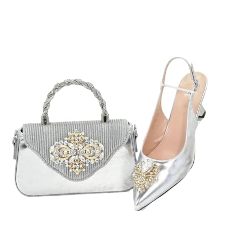 Damen Hochzeit Braut Pumps mit Strass Nigeria Party Schuhe und Taschen Set, Silber für Set, 40.5 EU von Generisch