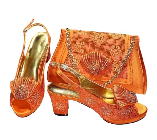 Damen Hochzeit Schuhe und Tasche Set Italienisches Design Heels mit Diamant Dekoration Metallverschluss Handtasche, Orange, 42.5 EU von Generisch