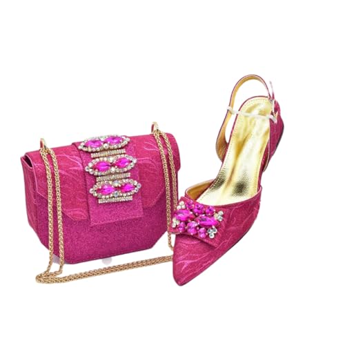 Damen Hochzeit Tasche und Schuhe Set verziert mit Strass Low Heel Pumps Party Schuhe und Taschen, fuchsia, 42.5 EU von Generisch