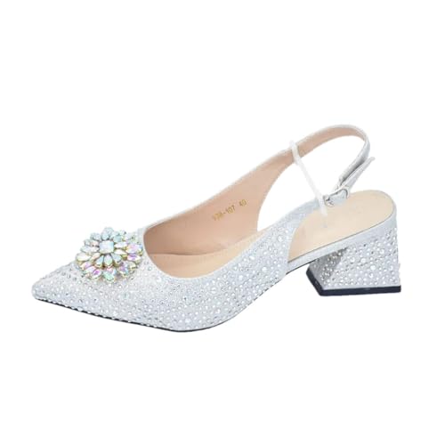 Damen-Hochzeitsschuhe und Tasche, spitzer Zehenbereich, mit Strass, nigerianische Schuhe und Taschen, passendes Set, Ein Paar Schuhe, Silber, 40.5 EU von Generisch