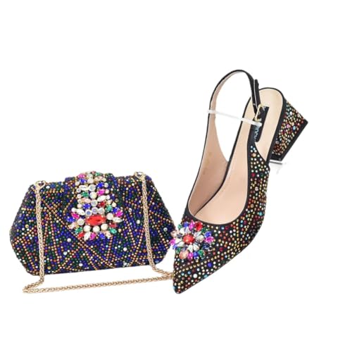 Damen-Hochzeitsschuhe und Tasche, spitzer Zehenbereich, mit Strass, nigerianische Schuhe und Taschen, passendes Set, Schwarz für Set, 42 EU Damen-Hochzeitsschuhe und Tasche, spitzer Zehenbereich, mit Strass, nigerianische Schuhe und Taschen, passendes Set, Schwarz für Set, 42 EU von Generisch