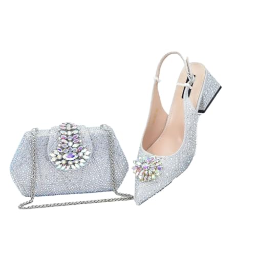 Damen-Hochzeitsschuhe und Tasche, spitzer Zehenbereich, mit Strass, nigerianische Schuhe und Taschen, passendes Set, Silber für Set, 43 EU Damen-Hochzeitsschuhe und Tasche, spitzer Zehenbereich, mit Strass, nigerianische Schuhe und Taschen, passendes Set, Silber für Set, 43 EU von Generisch