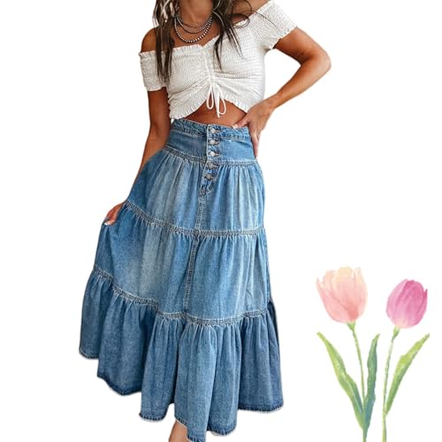 Damen Hohe Taille Langer Jeansrock Button-Fly Stufenrüschen Swing A-Linie Jeans Rüschenrock A-Linie Stufenröcke Sommer Fließend (Blue,S) von Generisch