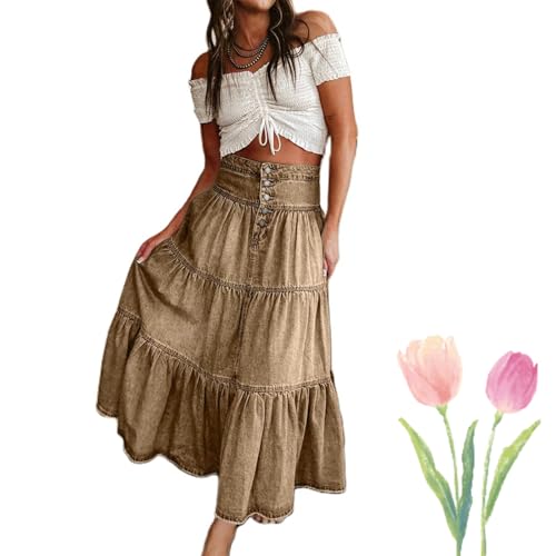 Damen Hohe Taille Langer Jeansrock Button-Fly Stufenrüschen Swing A-Linie Jeans Rüschenrock A-Linie Stufenröcke Sommer Fließend (Dark Brown,S) von Generisch