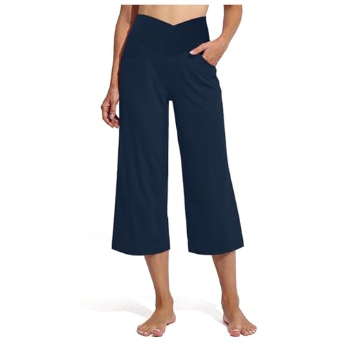 Damen Hohe Taille Yogahose GymLeicht Weite Bauchkontrolle Jogginghose Stretch Freizeithose Einfarbig Sporthose Atmungsaktiv Sweathose Trainingshose Wanderhose Baggy Hose(Dunkelblau,XXL) von Generisch
