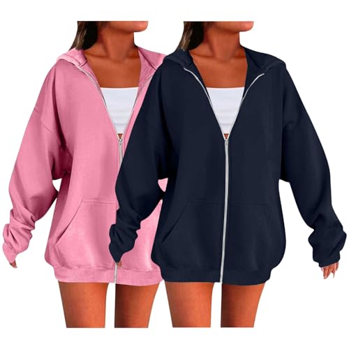 Damen Hoodie Sweatjacke 2 Stück Oversize Baumwoll Casual Sweatshirtjacke mit Taschen Frauen Warm Langarm Einfarbig Oberteile Herbst Winter Sport Style Bomberjacke Mit Reißverschluss Leichte Outwear von Generisch