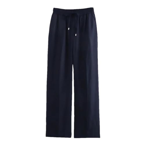 Damen-Hose aus Leinen mit geradem Bein und plissierter Schnürung, einfarbig, lässig, lockere und einfache Leinenhose, dunkelblau, XS von Generisch