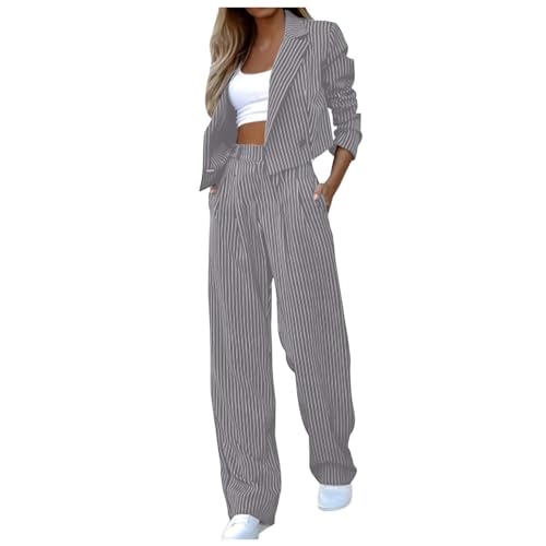 Damen Hosenanzug Elegant 2 Teilig Anzug Business Streifen Blazer Vintage Passform Set Langarm Casual Outfit Zweiteiler Sportlich Freizeitanzug Fashion Anzugjacke Bequem Streetwear von Generisch
