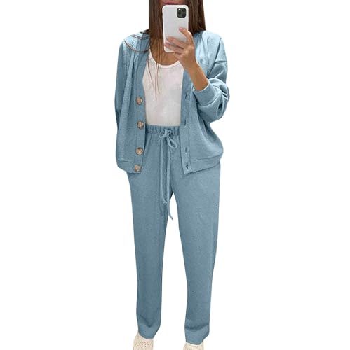Damen Hosenanzug Elegant 2-Teilig Große Größen Hausanzug Damen Kuschelig mit Jacke Anzug Damen 2 Teiler Oversize Freizeitanzug Frauen Set Weites Bein Loungewear Zweiteiler Mit Knöpfen Homewear von Generisch