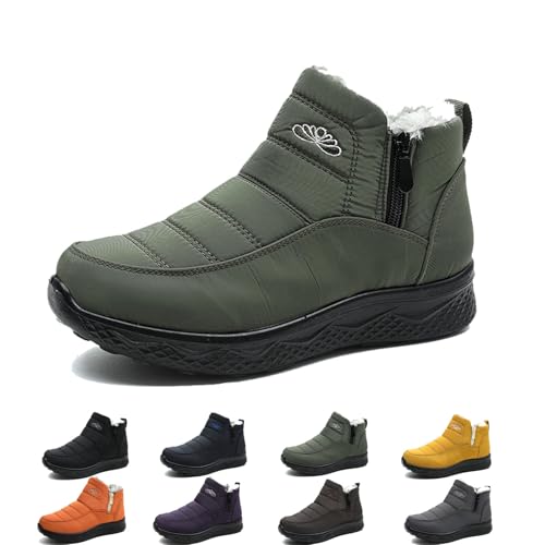Damen Isolierte wasserdichte rutschfeste Pelzgefütterte Schneestiefel Slip On Bequeme Warme Winterschuhe für Frauen Flauschiger Seitlicher Reißverschluss Ankle Boot, grün, 38 EU von Generisch