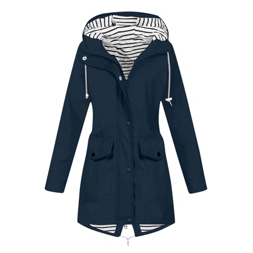 Damen Jacke,Regenjacke Damen Wasserdicht Atmungsaktiv Softshelljacke Regenmantel Windbreaker Elegant Leichte Sommerjacke Lang Übergangsjacke Gefüttert Funktionsjacke Outdoorjacke,3-Marine L von Generisch