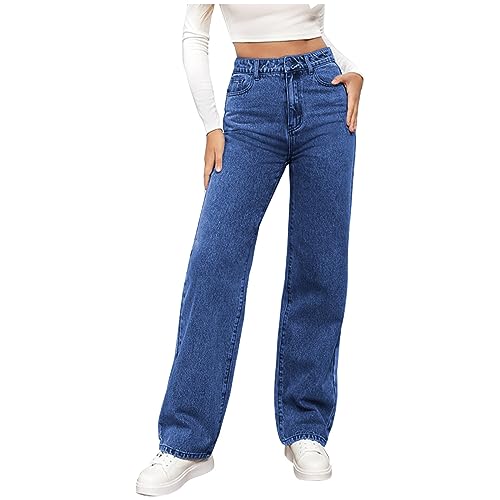 Damen Jeans Dehnbarem Gewaschenem Denim Modisch Vielseitig Gerades Bein Hose Kleidung Jean Stoffhose High Waist Skinny Baggy Hosen Damenhose Outdoorhose Winter Slim Fit Jeanhose (Dark Blue, L) von Generisch