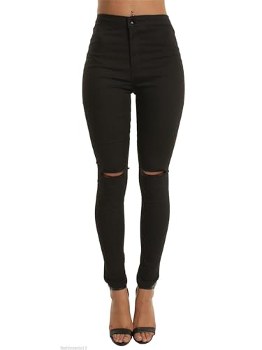 Damen Jeans mit Löchern Zerrissene Skinny Jeanshosen High Waist Slim Stretch Straight Hosen Slim Fit Stylische Boyfriend Jeans mit Löcher Hosen 90er Streetwear Boyfriend Pants 02 Schwarz 1, L von Generisch