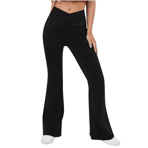 Damen-Jeans zum Überziehen, Crossover-Jeggings für Damen, hohe Taille, dehnbar, Glockenunterteil, Jeans, Yogahose mit Taschen, Schwarz , 3XL von Generisch