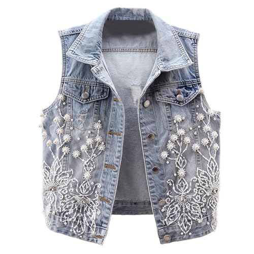 Damen Jeansjacke Mit Perlen Ärmellose Jeansweste Oversize Große Größen Übergangsjacke JeansWesten Vintage Damenwesten Ärmelloses Jacke Sommerjacke Kurz Jeansjacken Sommer Mantel Damen-Westen von Generisch