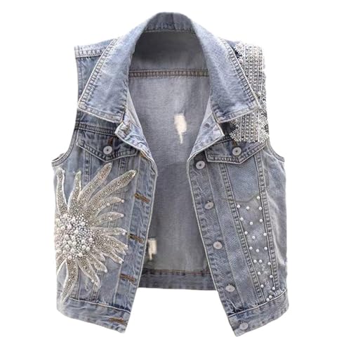 Damen Jeansjacke Mit Perlen Ärmellose Jeansweste Oversize Große Größen Übergangsjacke JeansWesten Vintage Damenwesten Ärmelloses Jacke Sommerjacke Kurz Jeansjacken Sommer Mantel Damen-Westen von Generisch