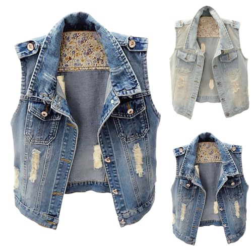 Damen Jeansjacke Mit Perlen Und Strass Jeansweste Ärmellos Kurz Sommerjacke Elegant Ärmellose Denim-Weste Große Größen Übergangsjacke Jeansjacken Destroyed-Jeans-Jacken Ärmellos Jacke Denim-Westen von Generisch