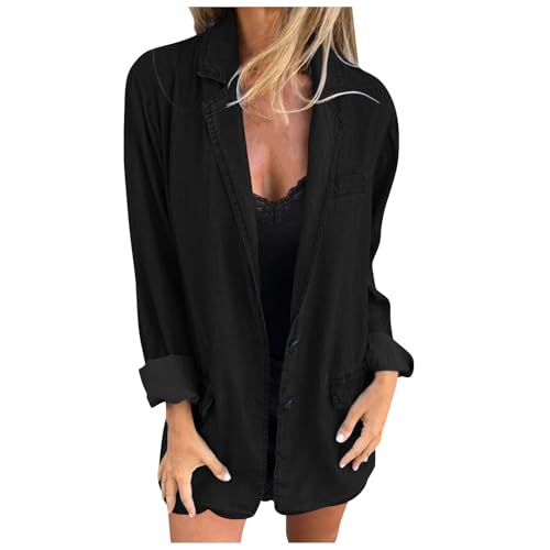 Damen Jeansjacke Oversize Lang Jeansblazer Elegant Jeansmantel Große Größen Jeanshemd Locker Denim-Jacke Revers Streetwear Jacke Mit Knöpfen Freizeitjacke Lässige Bikerjacke Jeans-Blazer von Generisch