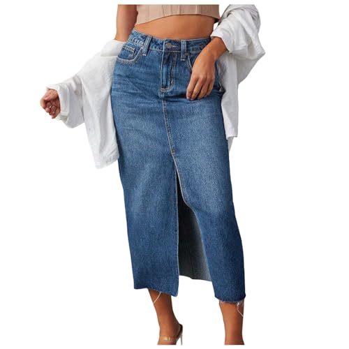 Damen Jeansrock Lang Gr. S-XXL - Maxi Denim Rock Hohe Taille mit Vorderschlitz & Falten Weite A-Linie Sommerrock Denim Skirt Große Größen Übergröße Freizeitrock von Generisch