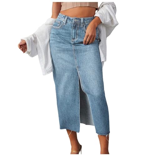 Damen Jeansrock Lang Gr. S-XXL - Maxi Denim Rock Hohe Taille mit Vorderschlitz & Falten Weite A-Linie Sommerrock Denim Skirt Große Größen Übergröße Freizeitrock von Generisch