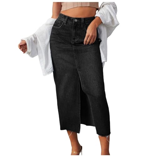 Damen Jeansrock Lang Gr. S-XXL - Maxi Denim Rock Hohe Taille mit Vorderschlitz & Falten Weite A-Linie Sommerrock Denim Skirt Große Größen Übergröße Freizeitrock von Generisch